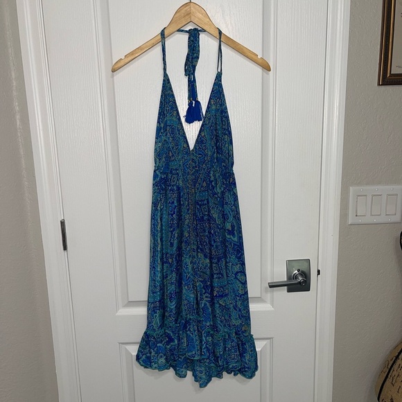 NEW KARMA HIGHWAY Printed Polyester Blue Green Halter Short Dress Tie Neck Back - Picture 2 of 8